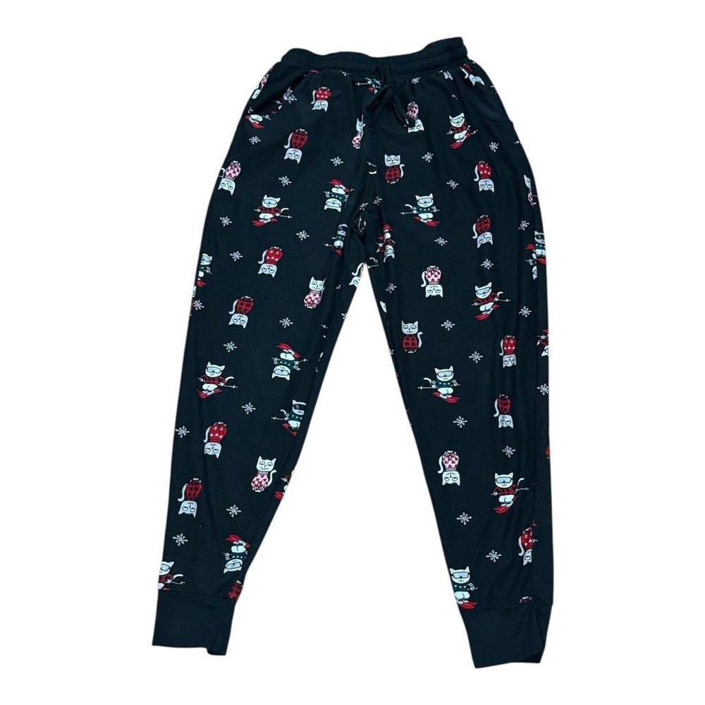 Ardene Pajama Jogger Pants Womens Large Black Holiday Cat Print Lounge Sleep PJs